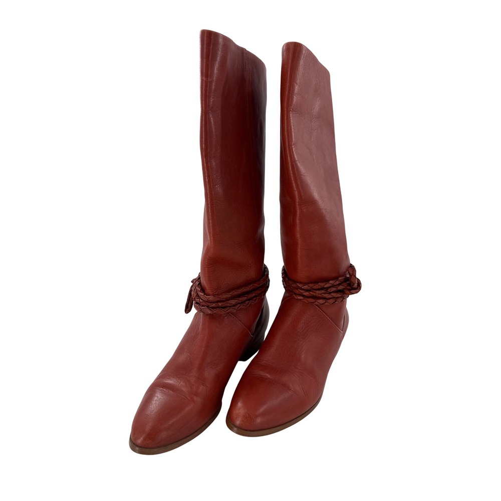 Allegré Tall Boots Womens 38 Red Brown Braided Leather Pull On Low Heel E315 098